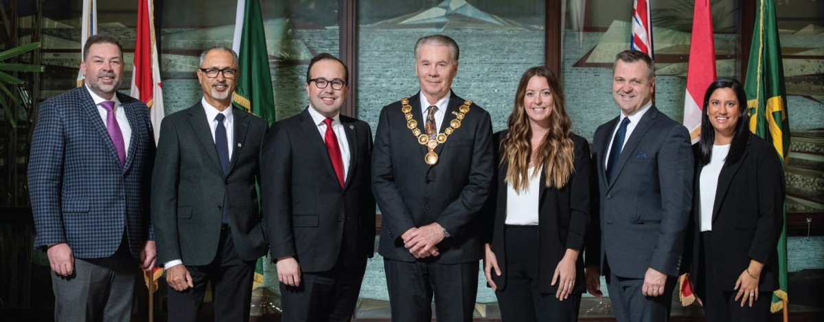 (left to right): Councillor Daniel Boisvert, Councillor Jessie Dosanjh, Councillor Dylan Kruger, Mayor George V. Harvie, Councillor Alicia Guichon, Councillor Rod Binder, Councillor Jennifer Johal