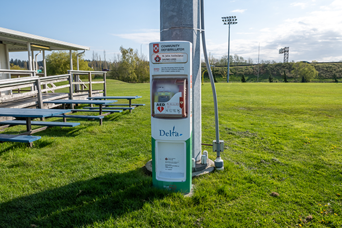 AED at John Oliver Park, close up.