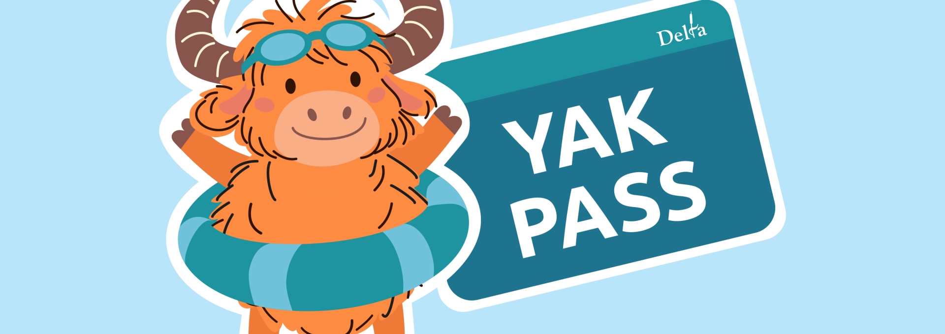 the new YAK Pass mascot, a yak, wearing a pair of goggles on his forehead and a flotation device around his waist.. 