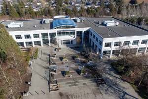 A mid March photograph of the roof of City Hall from a drone on a sunny day.